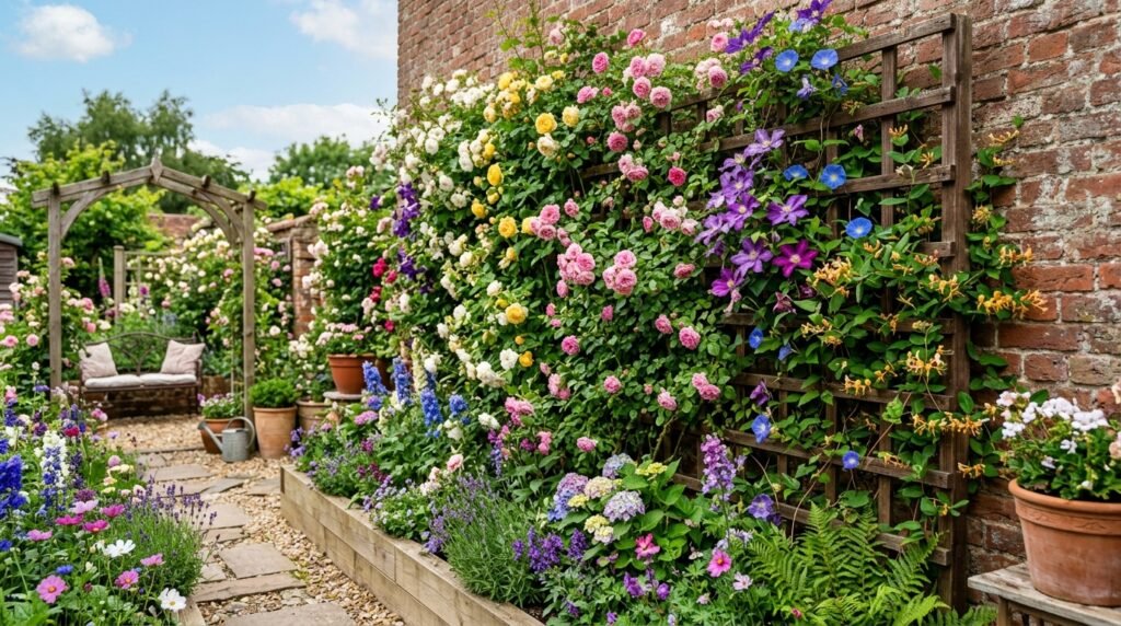 25 Flower Garden Ideas That Will Brighten Your Yard Vertical Trellis Flower Garden 202607051133