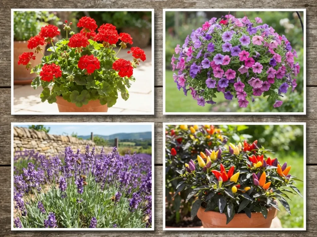 GeraniumsPetuniasLavenderOrnamental Peppers