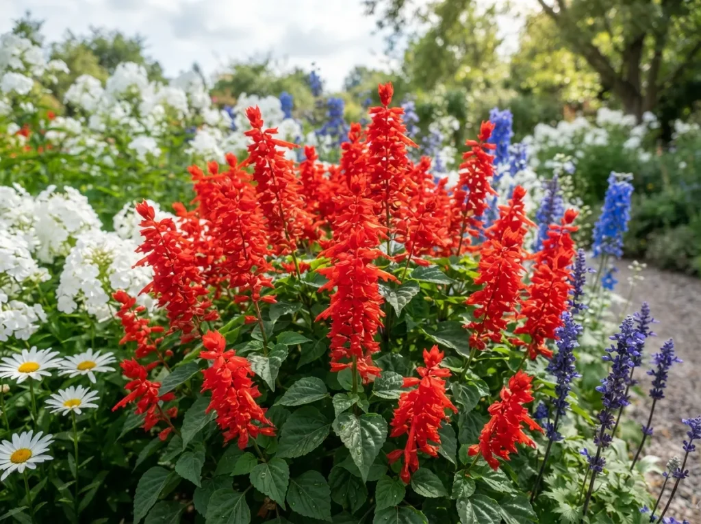 16 Patriotic Landscaping Ideas: Red White and Blue Flowers Garden Red Salvia Fire Spikes