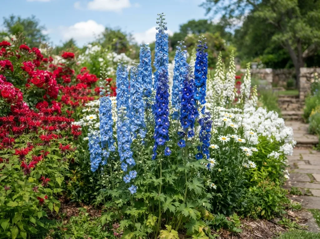 16 Patriotic Landscaping Ideas: Red White and Blue Flowers Garden Blue Delphiniums for Height