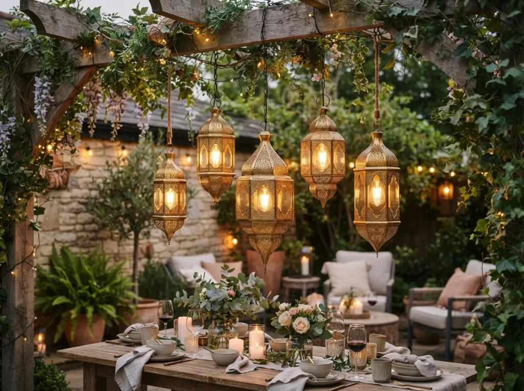 17 Elegant Eid Lantern Garden Lights for a Festive Garden Glow Gold-Finish Hanging Lanterns