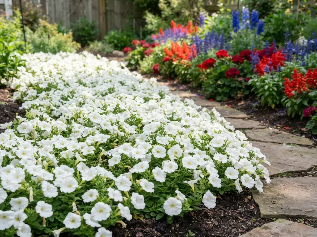 16 Patriotic Landscaping Ideas: Red White and Blue Flowers Garden White Petunias for Ground Cover