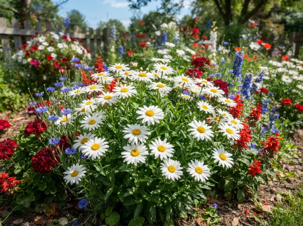 16 Patriotic Landscaping Ideas: Red White and Blue Flowers Garden White Shasta Daisies