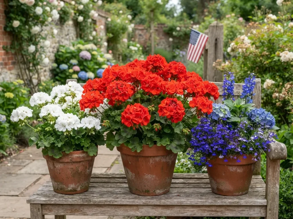 16 Patriotic Landscaping Ideas: Red White and Blue Flowers Garden Classic Geraniums in Pots