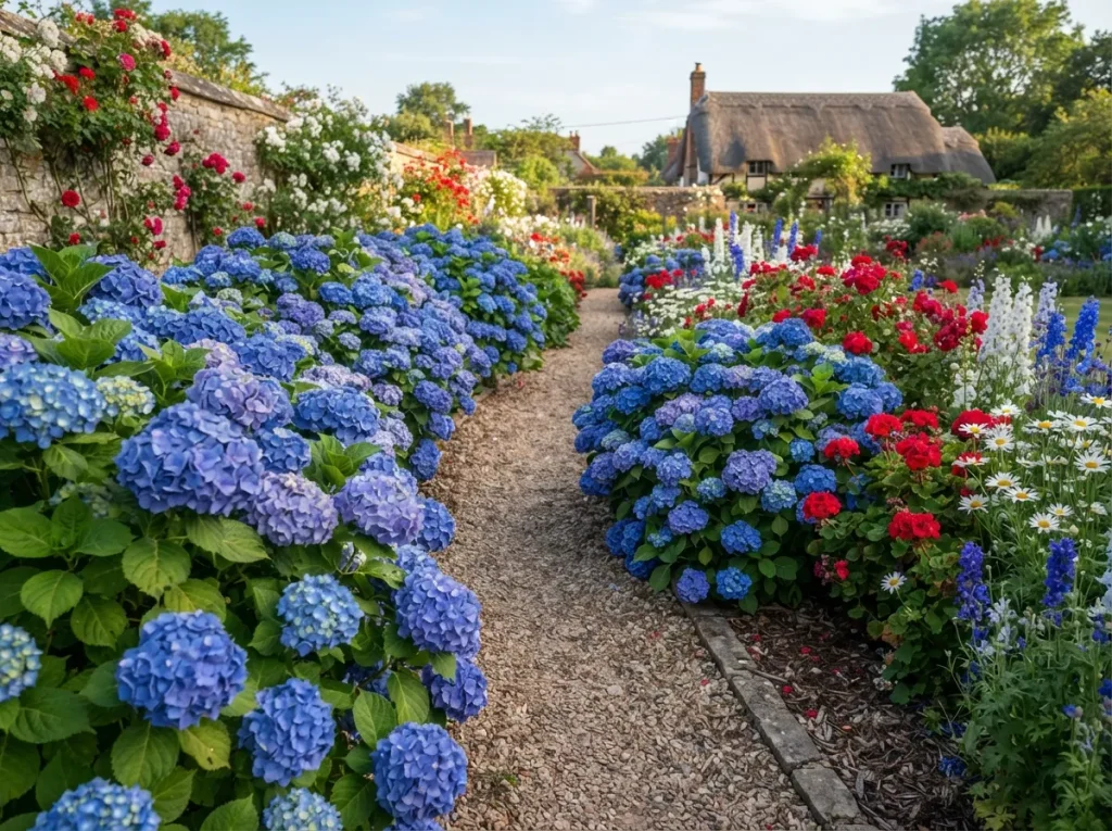 16 Patriotic Landscaping Ideas: Red White and Blue Flowers Garden Blue Hydrangea Borders