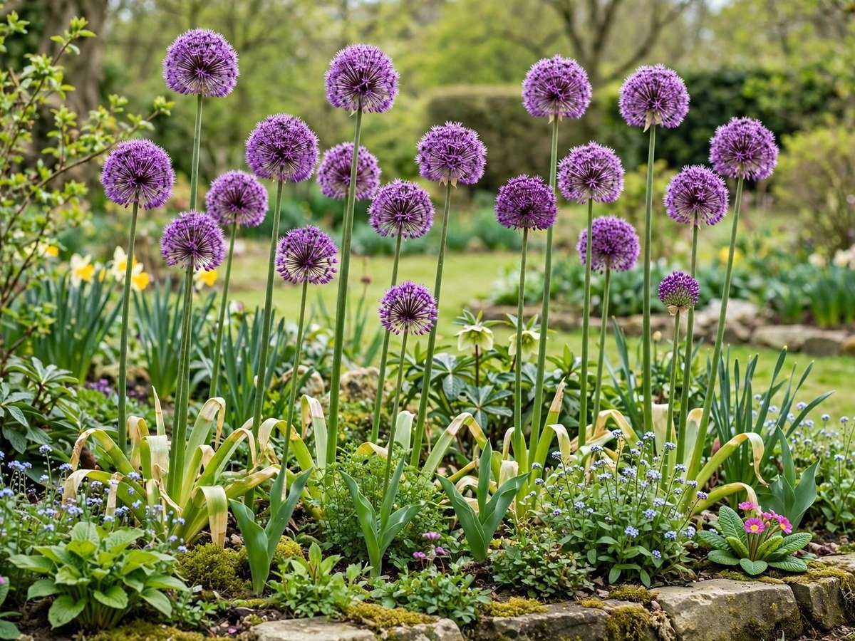 Tall purple allium globe flowers rising above a spring garden border