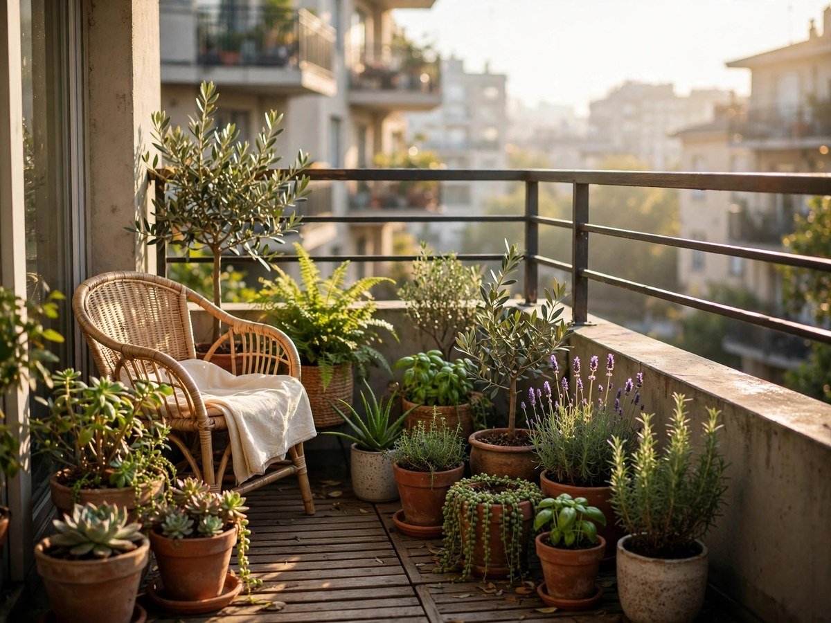 Cozy apartment balcony garden with potted plants in morning sunlight