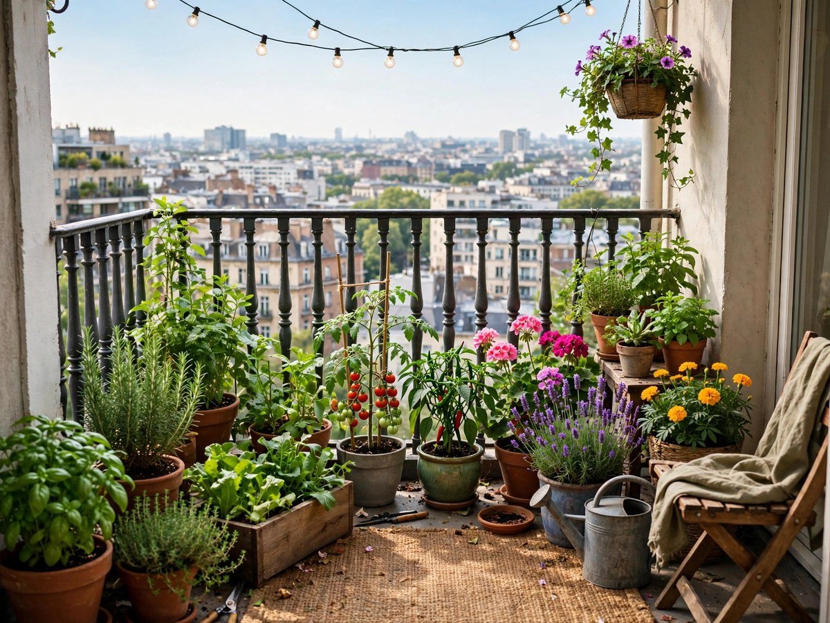 Small apartment balcony transformed into a lush container garden