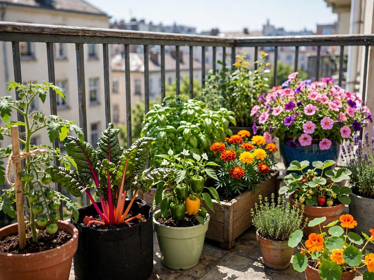 Vegetables and flowers growing in containers on a sunny balcony