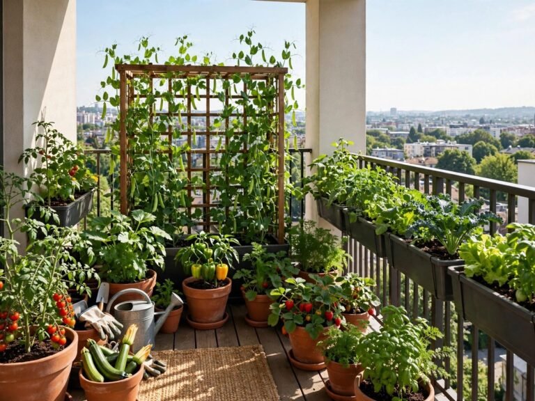 Sunny apartment balcony turned into a thriving vegetable garden