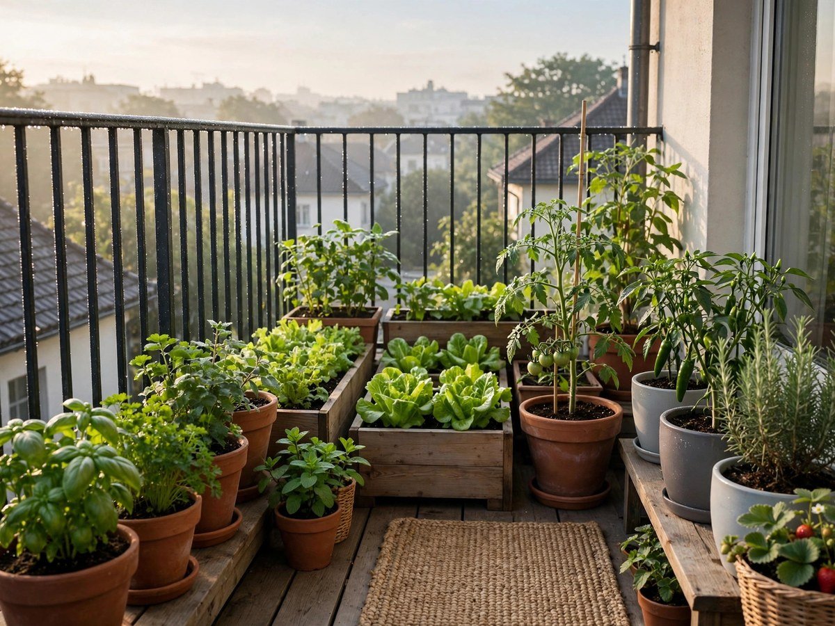 Compact balcony garden with neatly arranged vegetable pots