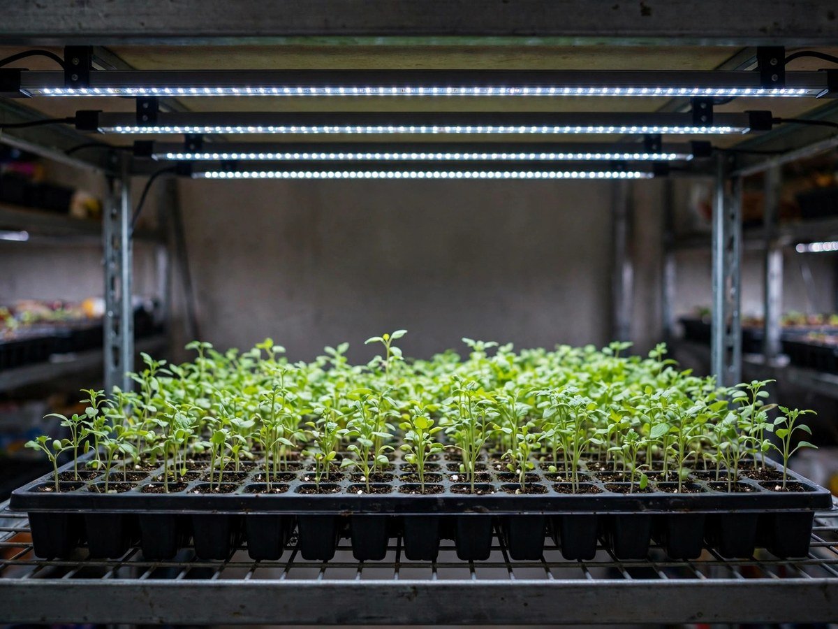 Best LED Grow Lights for Plants Slim bar-style LED grow lights mounted in rows above a shelf of seedlings