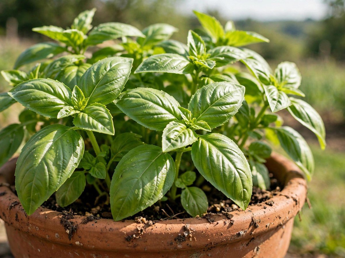 Best Kitchen Herbs for Beginners Fresh green basil leaves growing in a terracotta pot in sunlight