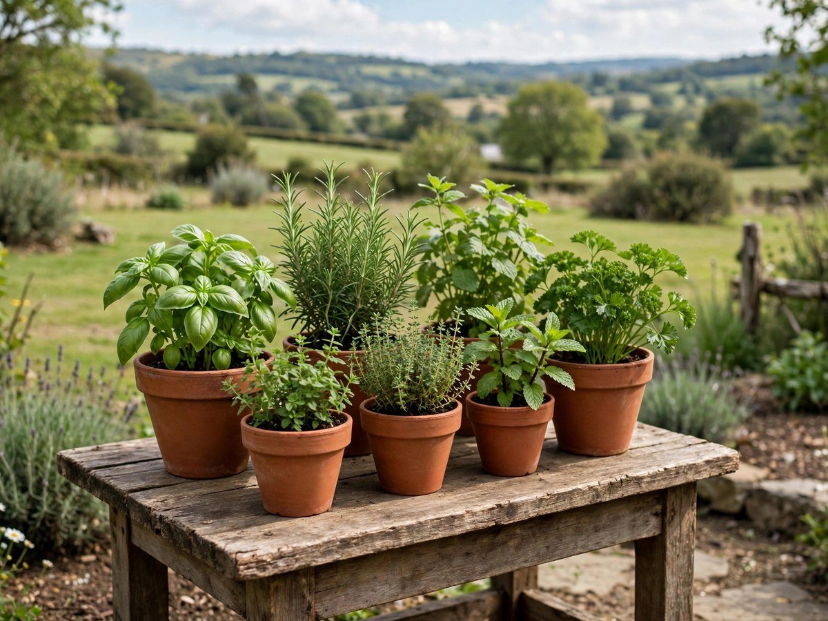 Best Kitchen Herbs for Beginners Terracotta pots of fresh green herbs on a wooden table outdoors