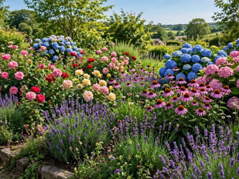 Lush garden bed filled with the best flowering plants in full bloom