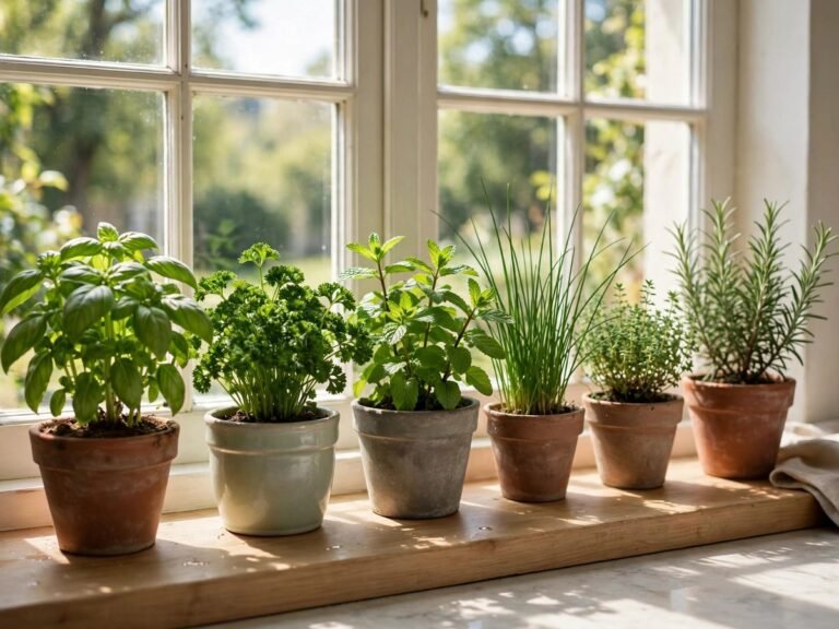 Potted kitchen herbs basil, parsley, mint, chives, thyme and rosemary on a sunny windowsill