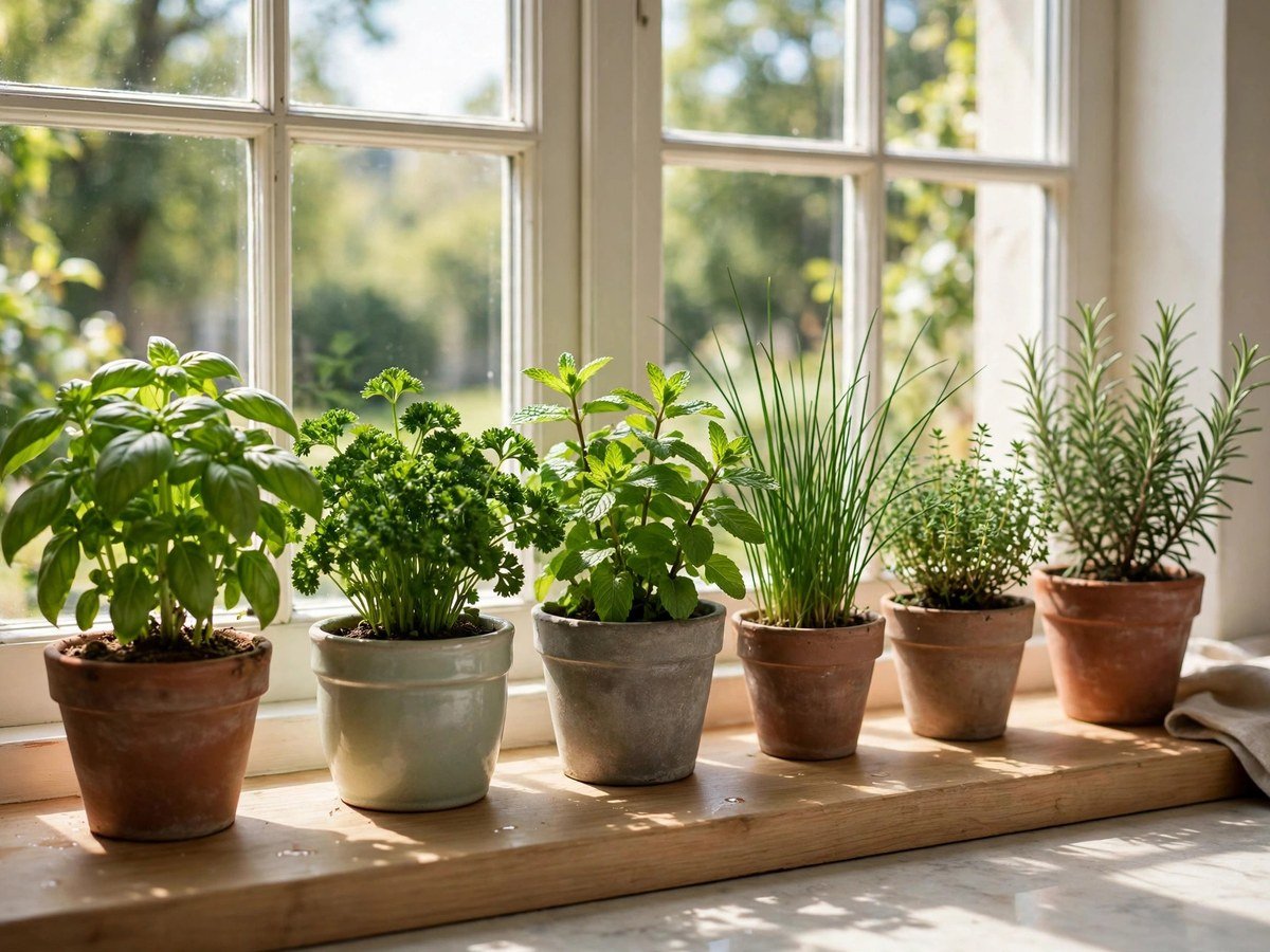 Potted kitchen herbs basil, parsley, mint, chives, thyme and rosemary on a sunny windowsill