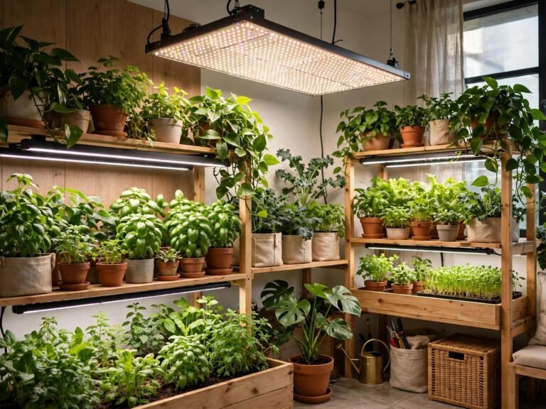 Different LED grow lights illuminating lush indoor plants in a home garden room