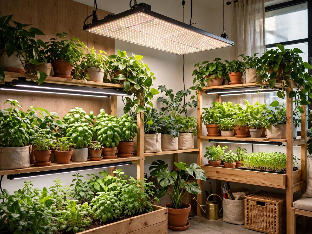 Different LED grow lights illuminating lush indoor plants in a home garden room