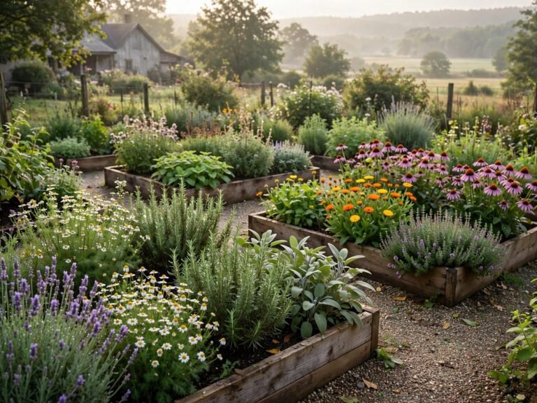Home medicinal herb garden with raised beds of healing plants