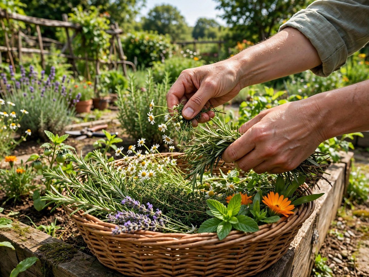 Best Medicinal Plants to Grow at Home Hands harvesting fresh medicinal herbs into a wicker basket