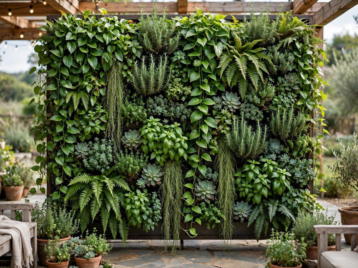 Lush vertical garden wall covered with pothos, ferns, herbs and succulents