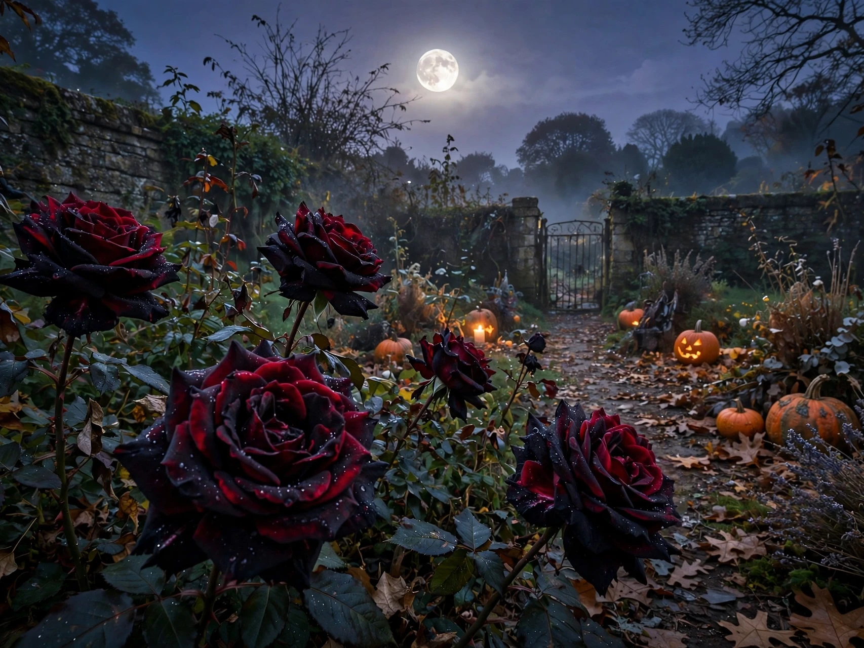 Black Roses for Halloween: Meaning, Care & Styling Tips Black roses in a moonlit garden