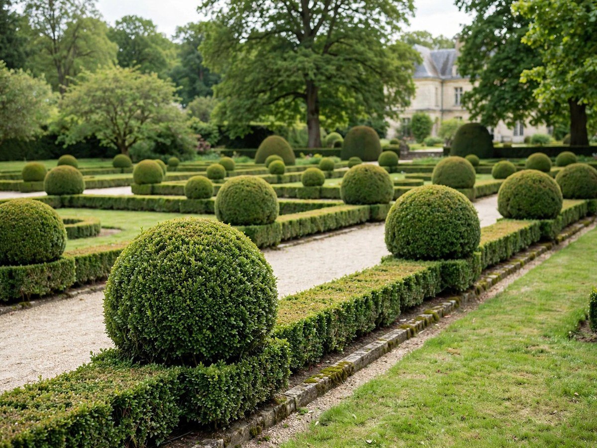 Elegant clipped boxwood hedge spheres in a formal garden