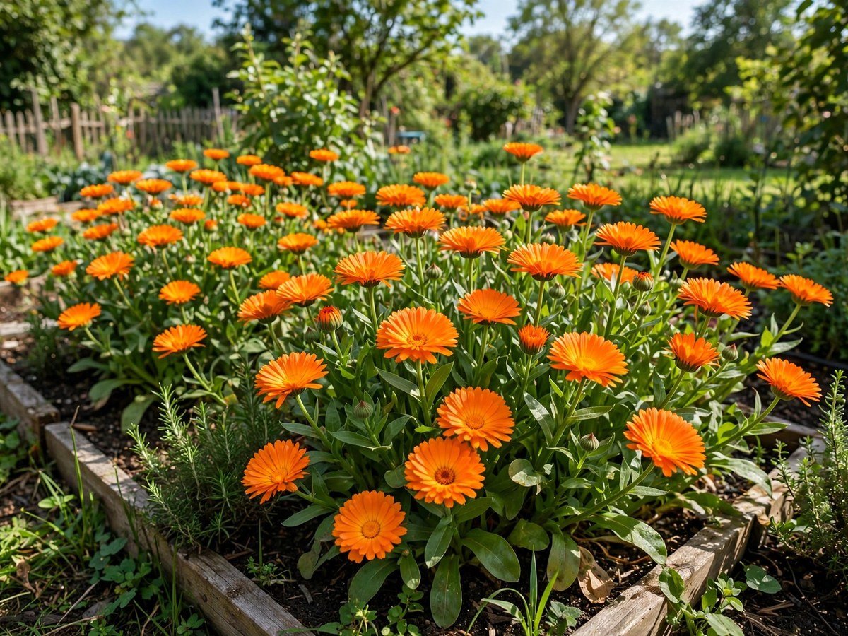 Easy Flowers to Grow at Home Bright orange calendula flowers blooming in a sunny garden bed