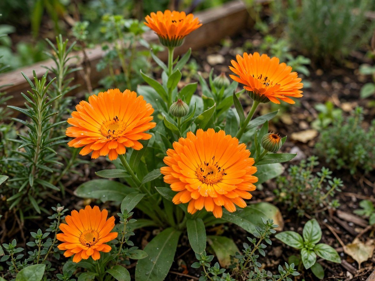 Best Medicinal Plants to Grow at Home Bright orange calendula flowers in a home herb garden