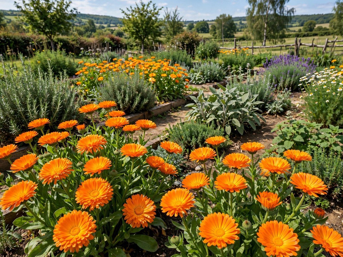 Easy Medicinal Plants for Small Gardens Bright orange calendula flowers in a sunny medicinal garden