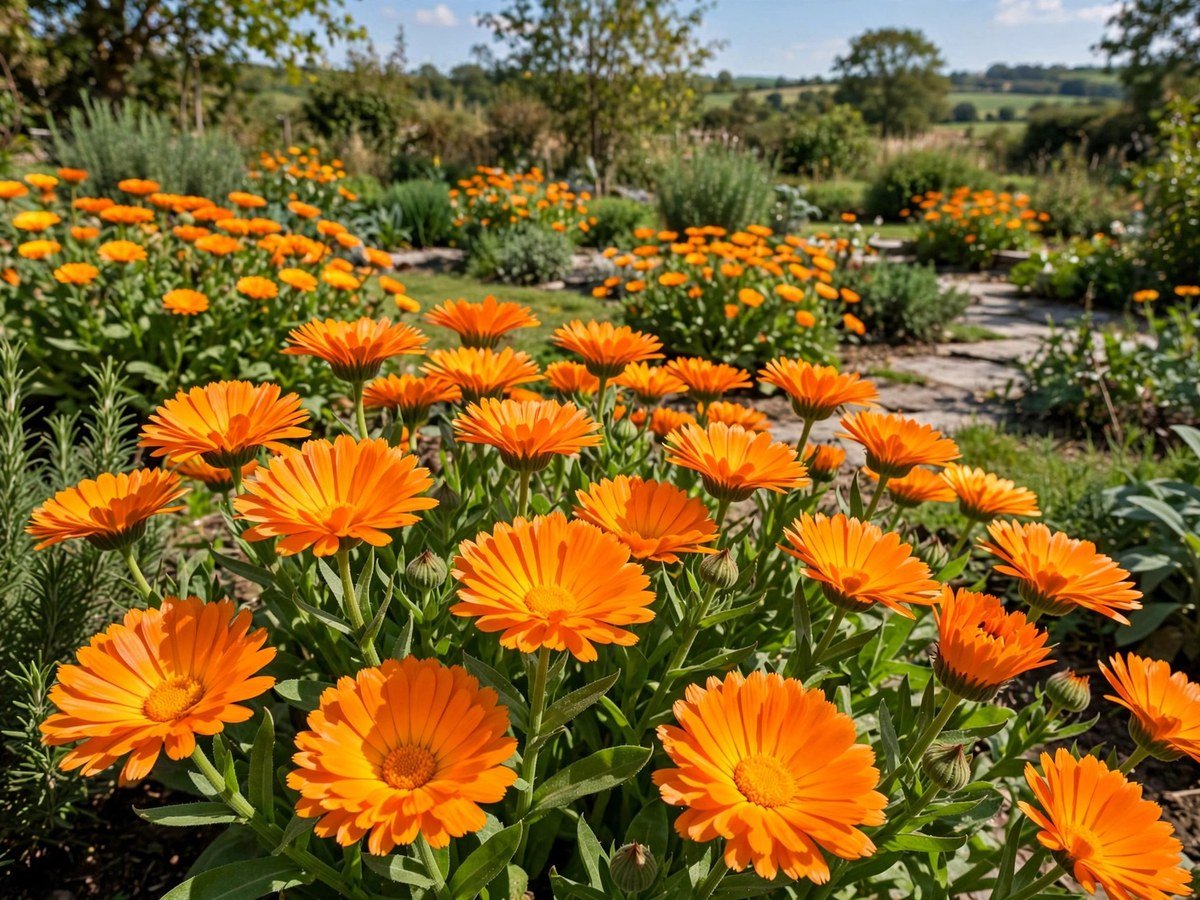 6 Surefire Flowers to Plant in October for a Garden Brimming With Blooms Bright orange calendula flowers blooming in a sunny garden