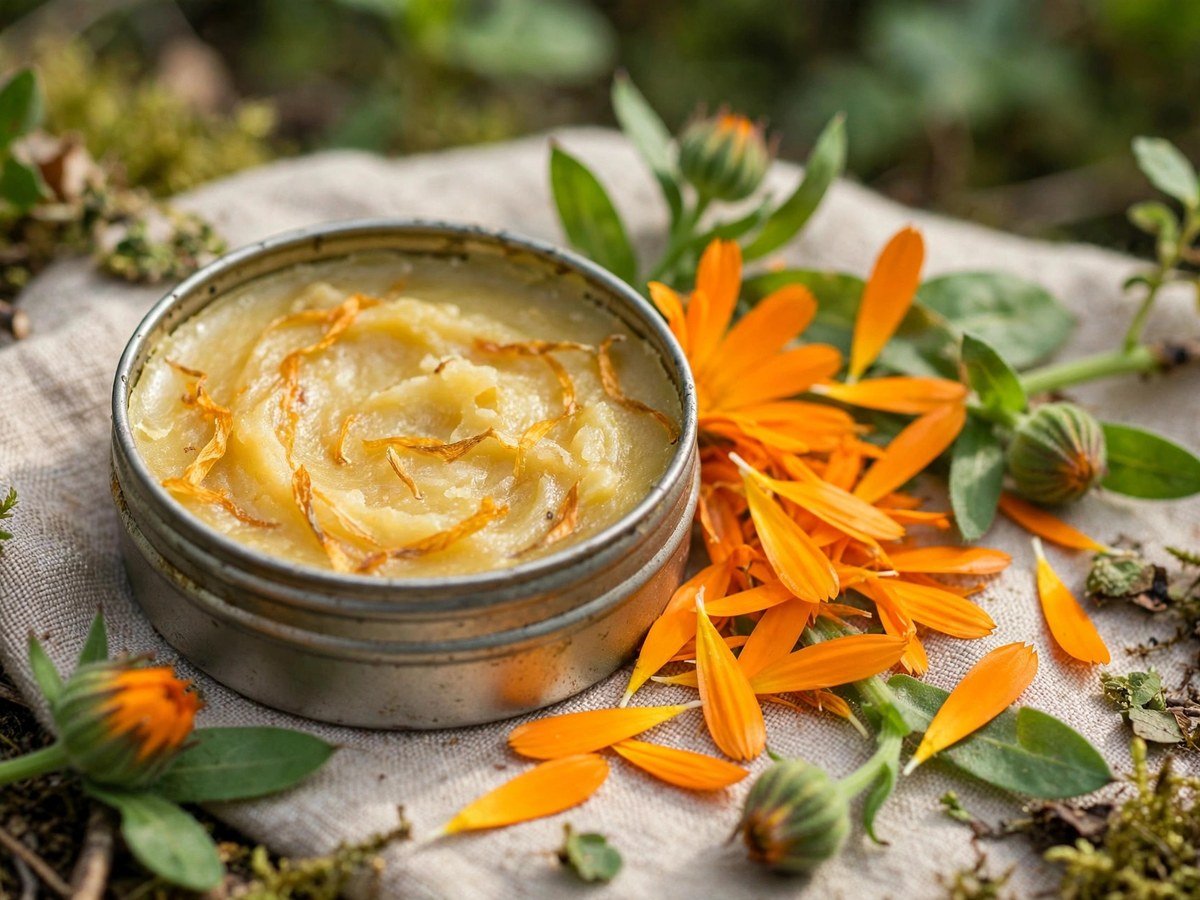 Homegrown Herbal Remedies Homemade calendula salve in a small tin with orange petals