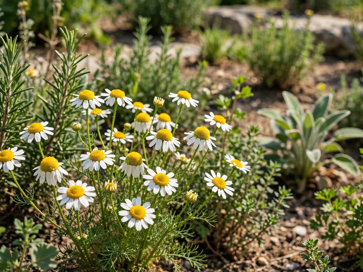 Best Medicinal Plants to Grow at Home White and yellow chamomile flowers blooming in a herb garden