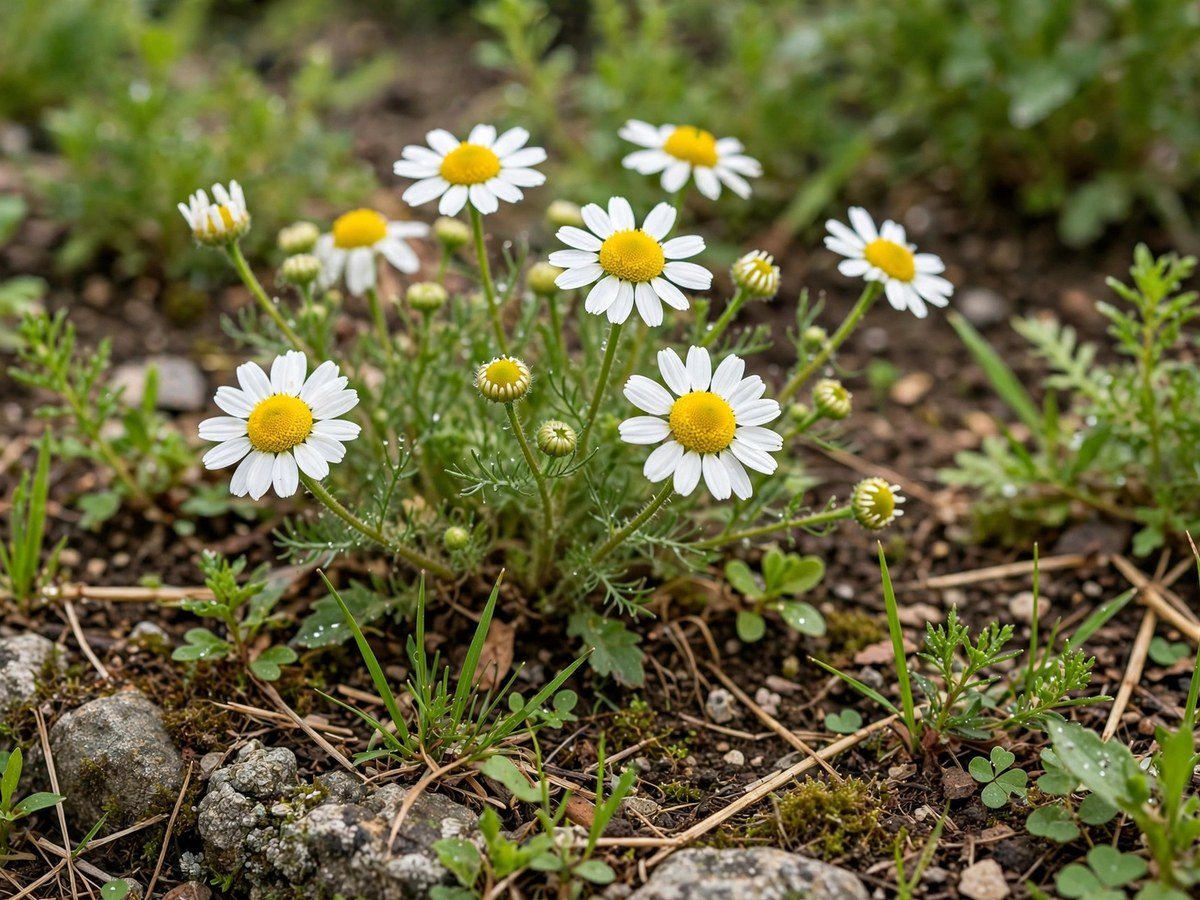 Easy Medicinal Plants for Small Gardens White and yellow chamomile flowers blooming in a small garden