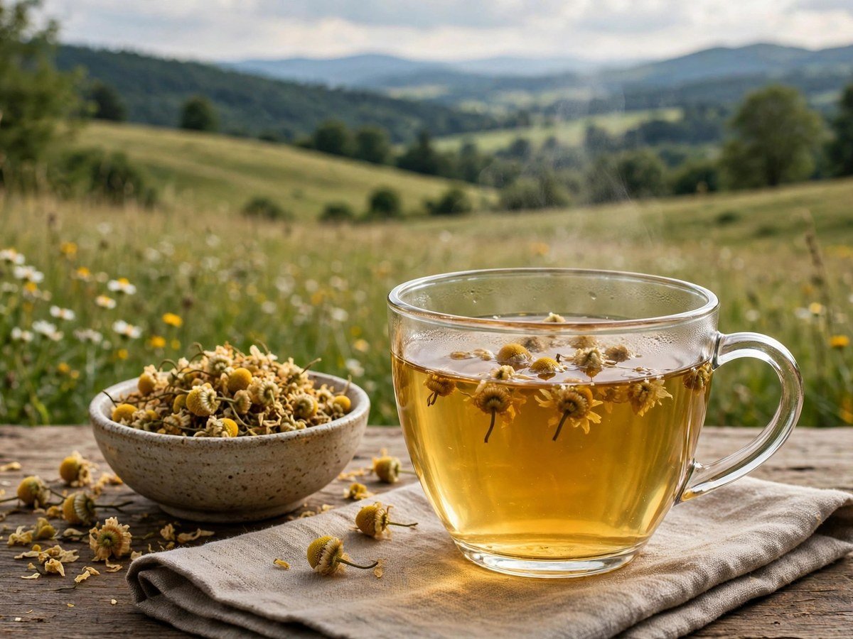 Homegrown Herbal Remedies Cup of chamomile tea with dried chamomile flowers beside it