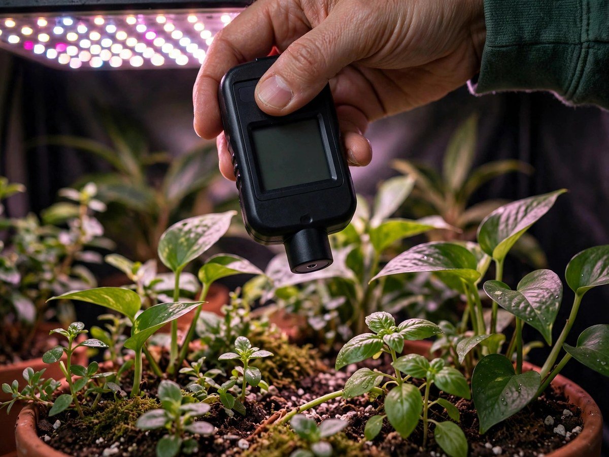 Best LED Grow Lights for Plants Handheld PAR light meter held above indoor plants under an LED grow light