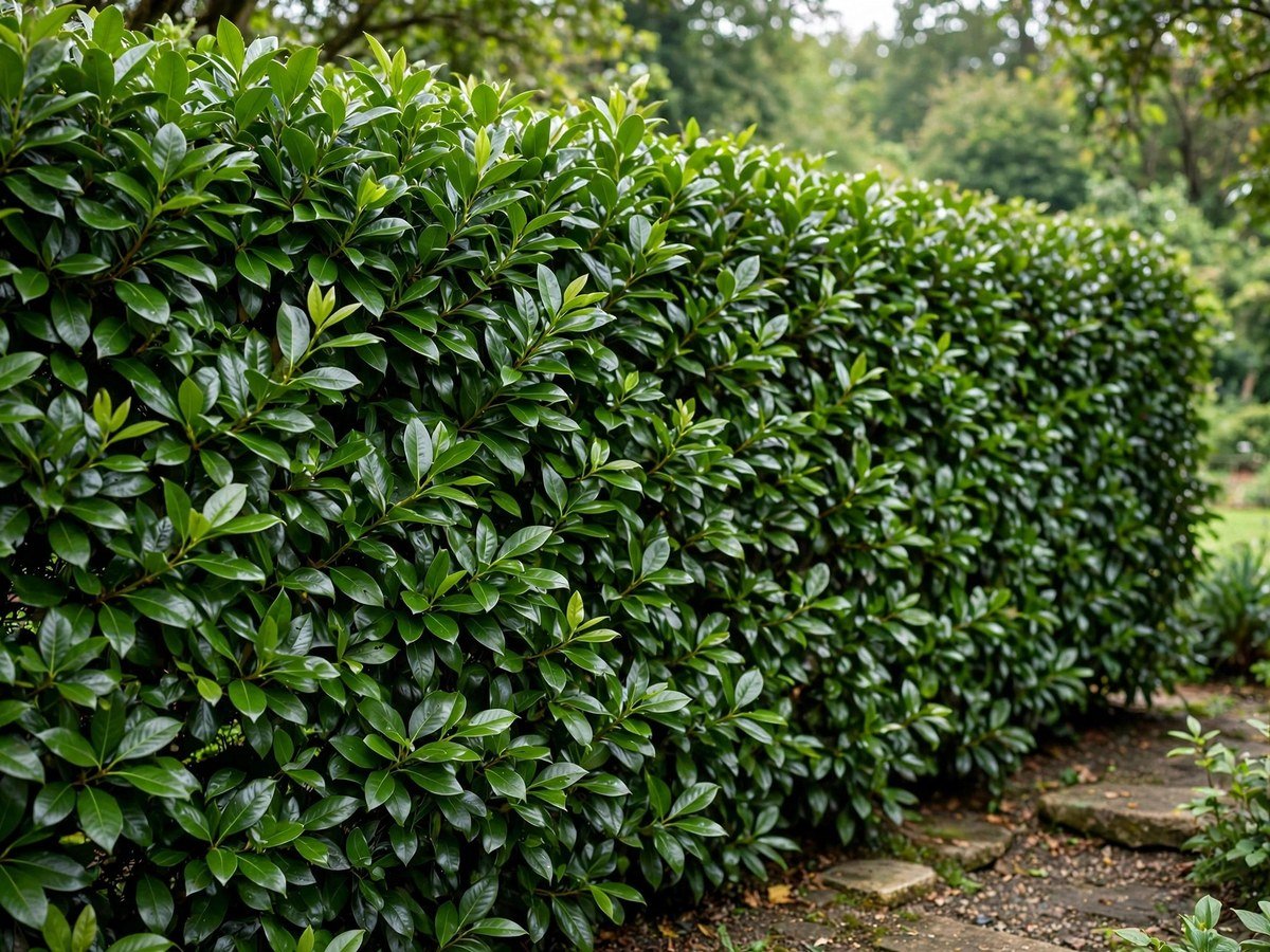Dense glossy cherry laurel hedge used as a garden privacy screen