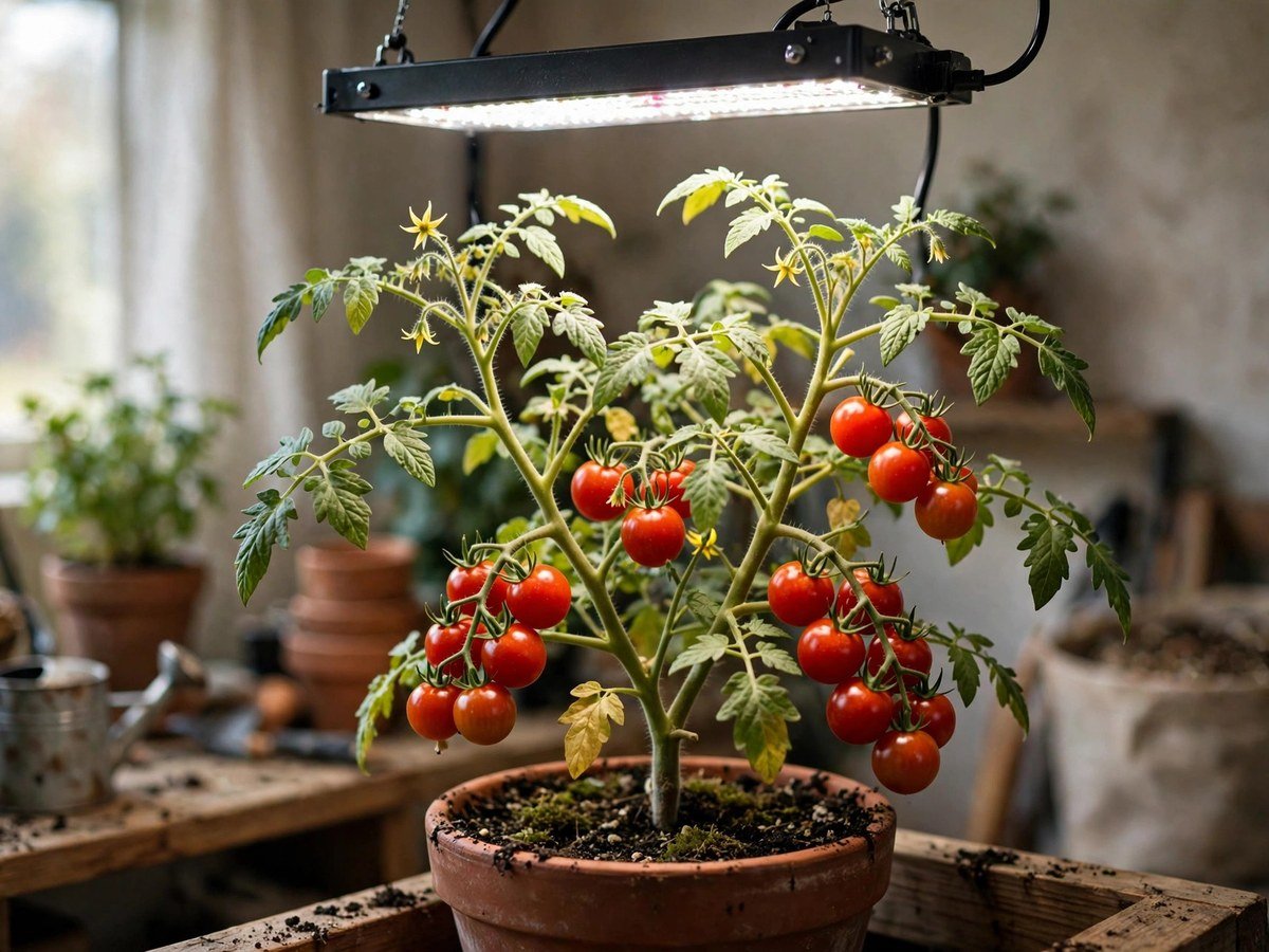 Cherry tomato plant with ripe red tomatoes growing in a pot indoors