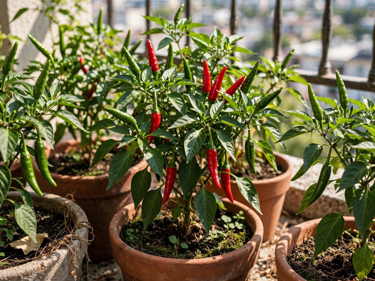 Chili pepper plants with red peppers in balcony containers