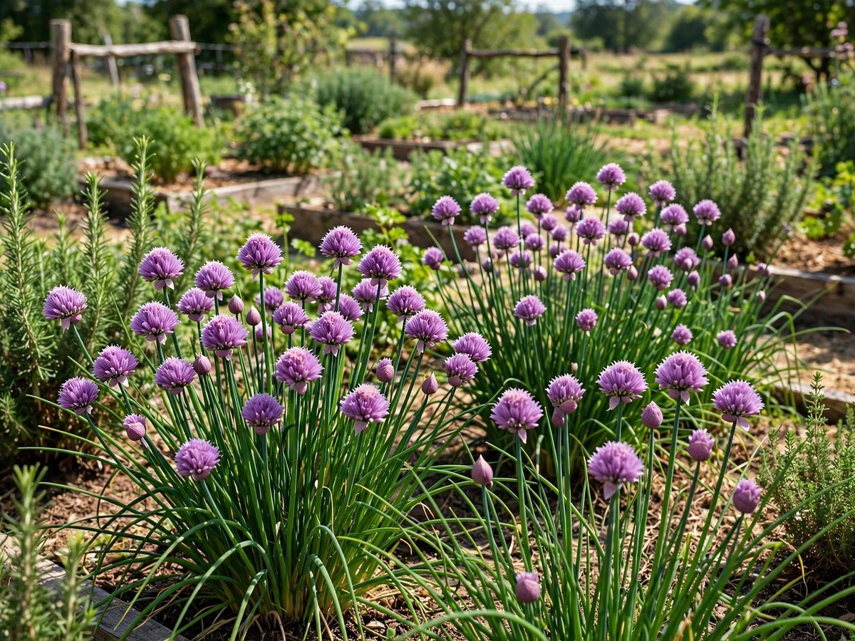 Best Kitchen Herbs for Beginners Chives with purple pompom flowers growing in a sunny herb garden