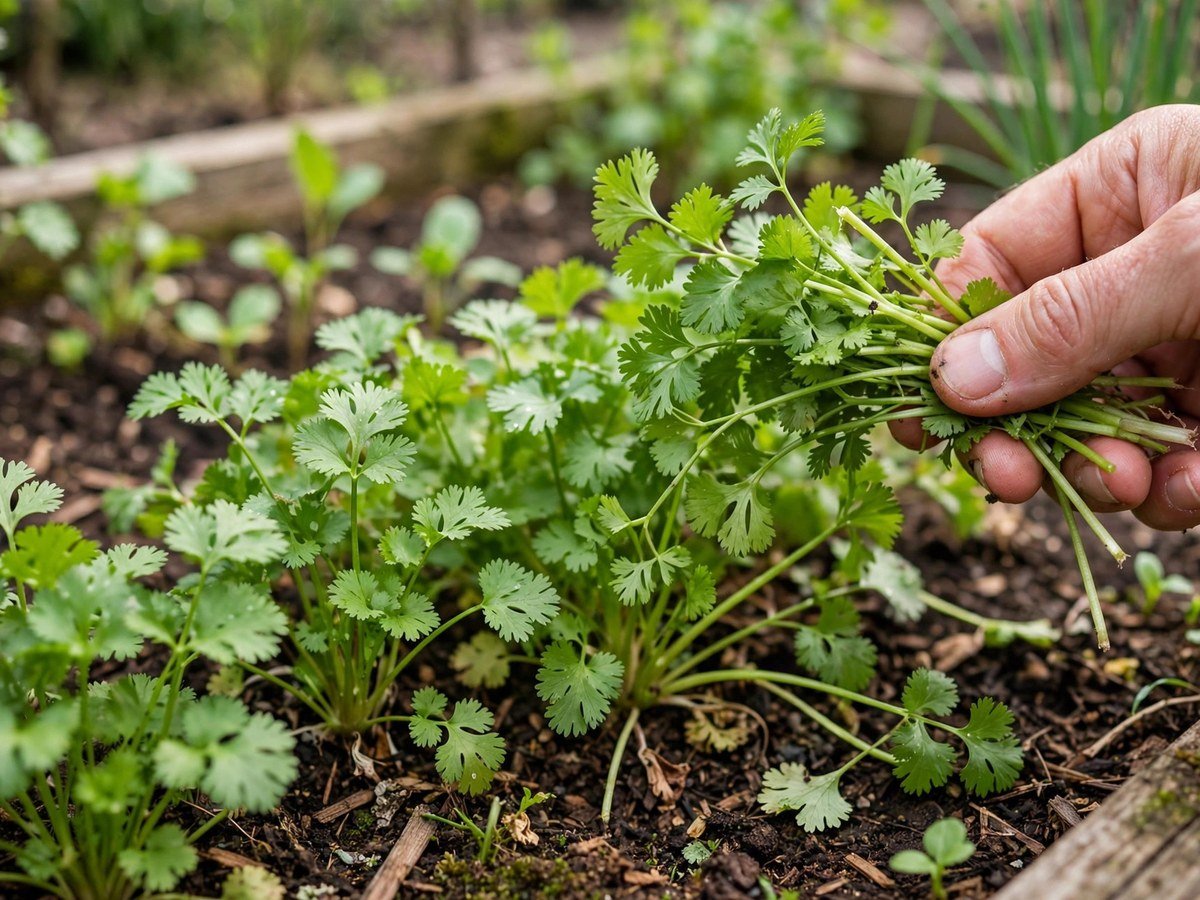 Culinary Herbs for Every Kitchen Fresh cilantro leaves being harvested in a home garden