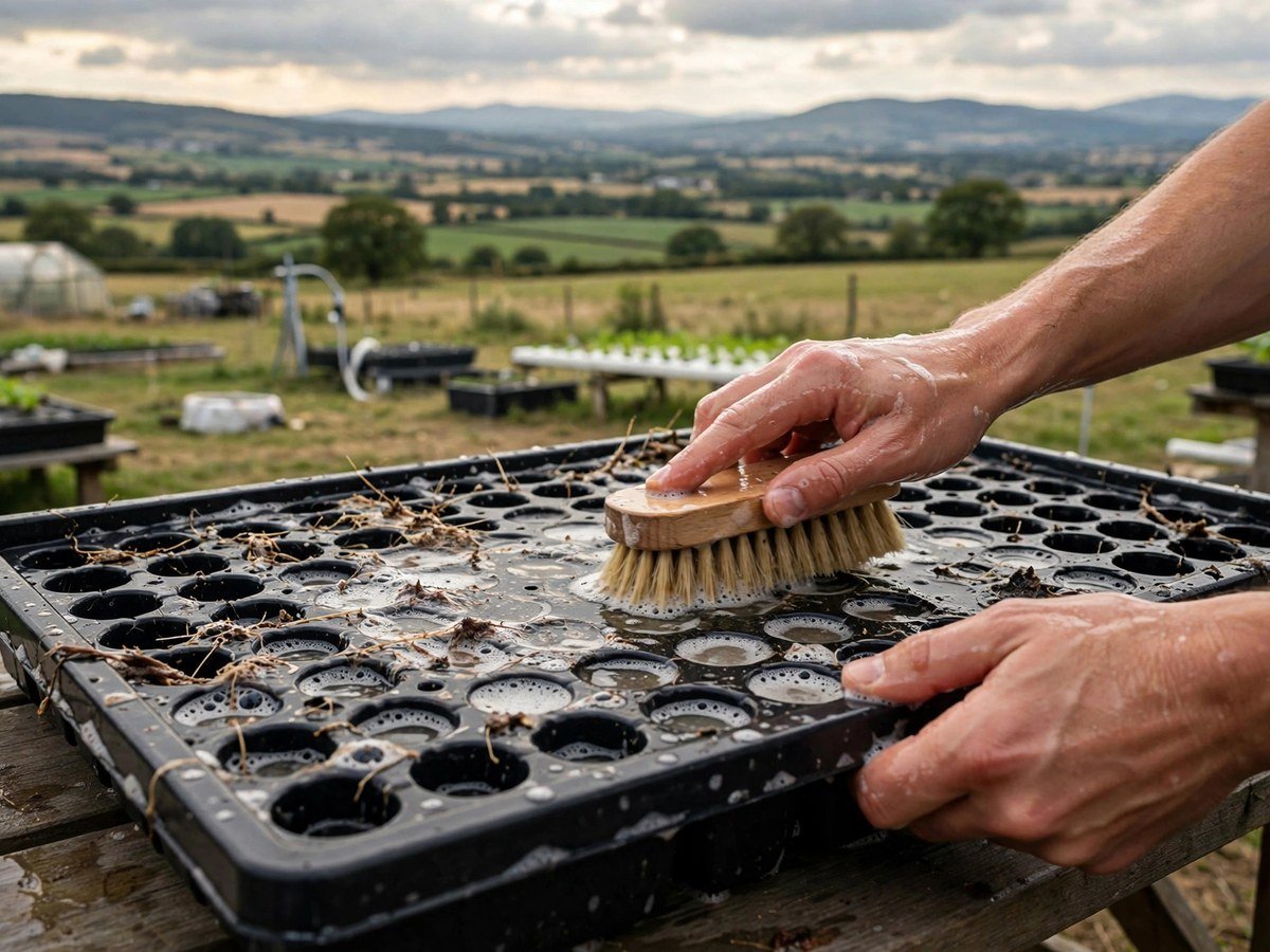 Hydroponic Vegetable Gardening Tips Hands scrubbing a hydroponic growing tray clean between plantings