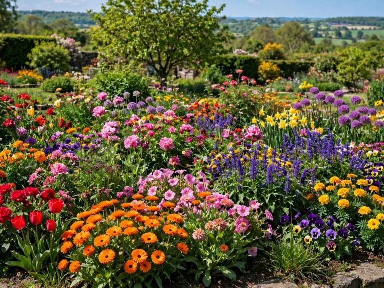 Garden bed bursting with colorful garden flowers in every shade
