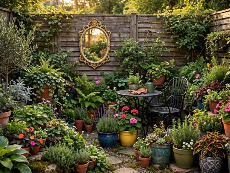 Lush compact garden packed with layered plants, containers and seating in a small backyard