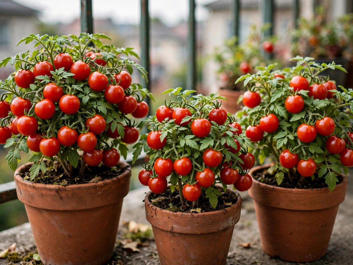 Dwarf tomato plants with ripe cherry tomatoes in pots