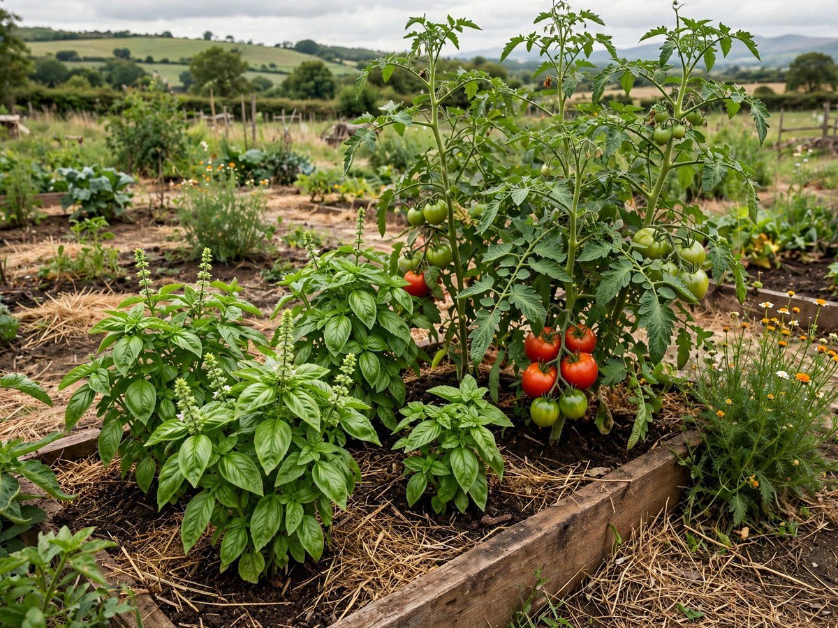 Basil companion planted beside tomato plants in an organic garden