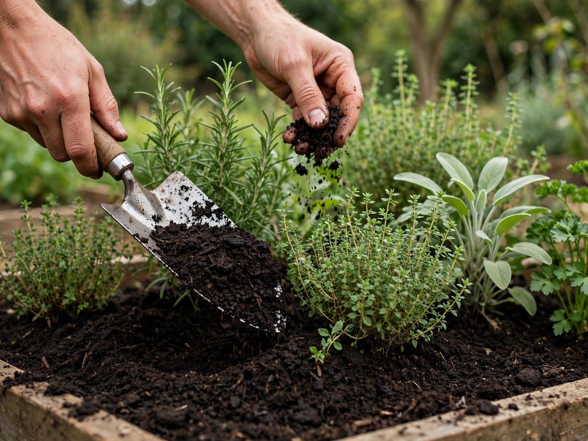 Rich dark compost being spread around herb plants in a garden bed