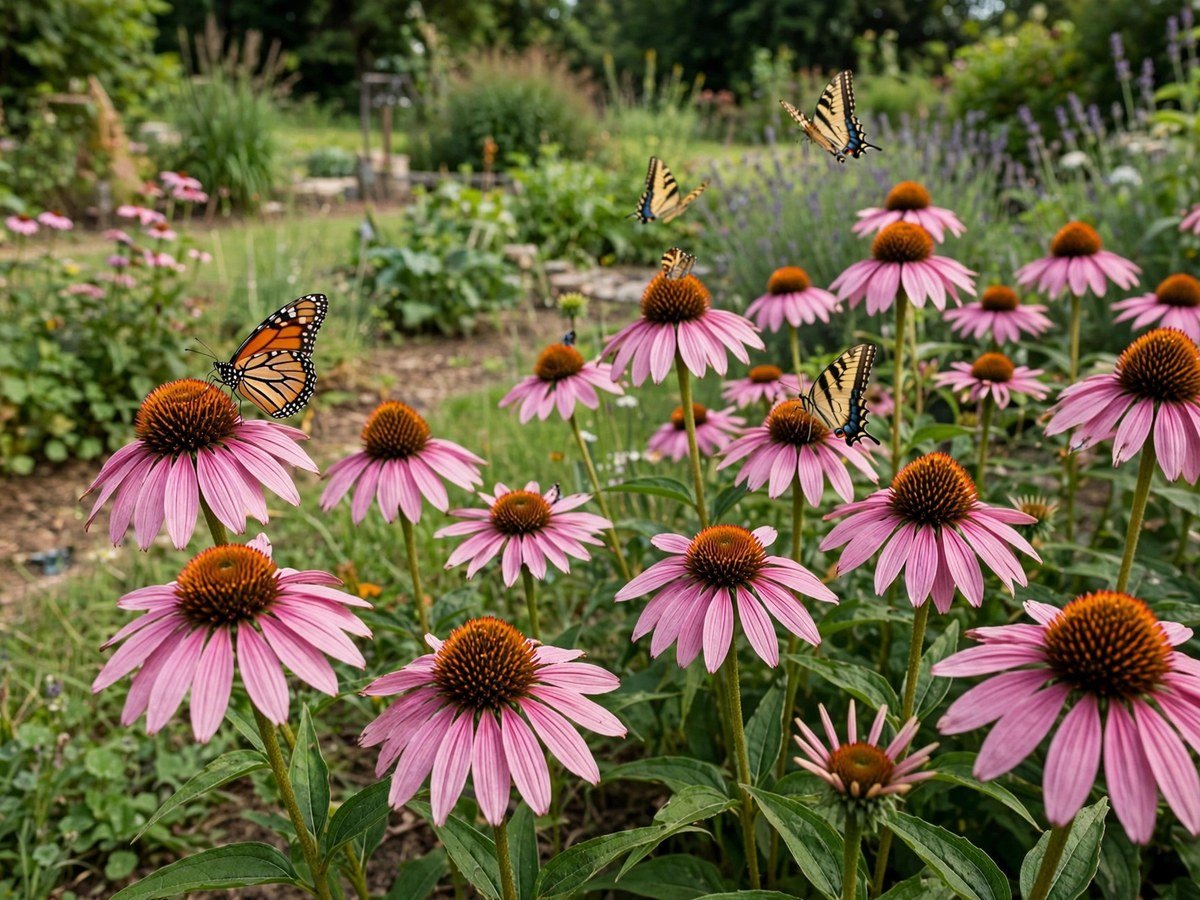 Best Flowering Plants for Every Garden Pink echinacea coneflowers with butterflies in a summer garden