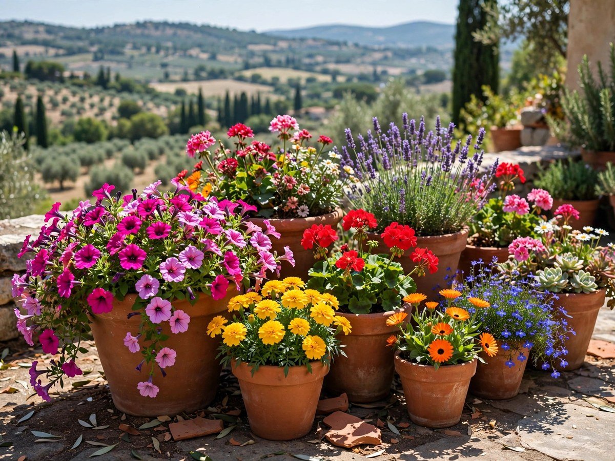 Flower Garden Layout Ideas Cluster of terracotta containers filled with colorful flowers on a patio